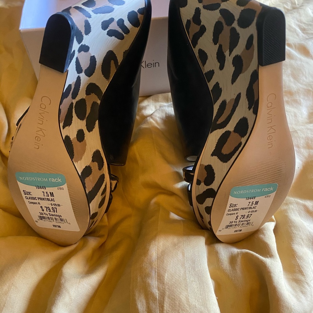 Leopard print calf skin open toe wedge bootie 7.5